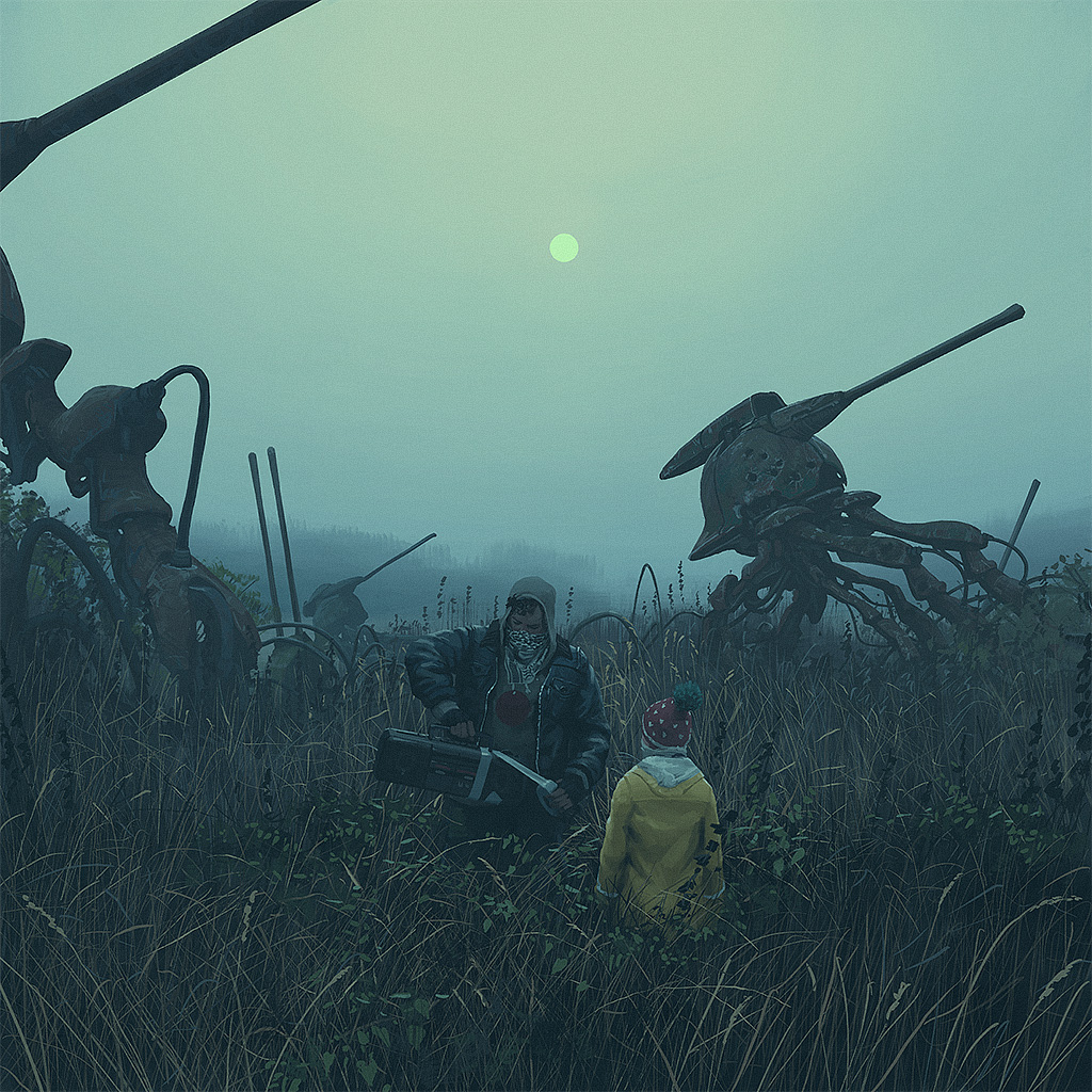 a man in a hooded jacket and a bandana is walking with a child wearing a yellow jacket and a red hat through a field of tall grass.  in the distance are large, metallic robot structures lying in the grass.  the sun is shining in the sky, which is a pale blue color, with a green tint.  there is fog in the air.  the image suggests a postapocalyptic setting.