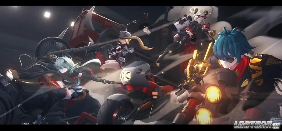 the image is of a group of anime characters riding motorcycles. the characters are all dressed in actionready attire and riding motorcycles. the scene appears to be from a video game. the image is full of action and excitement. the characters are all looking determined and ready to ride.