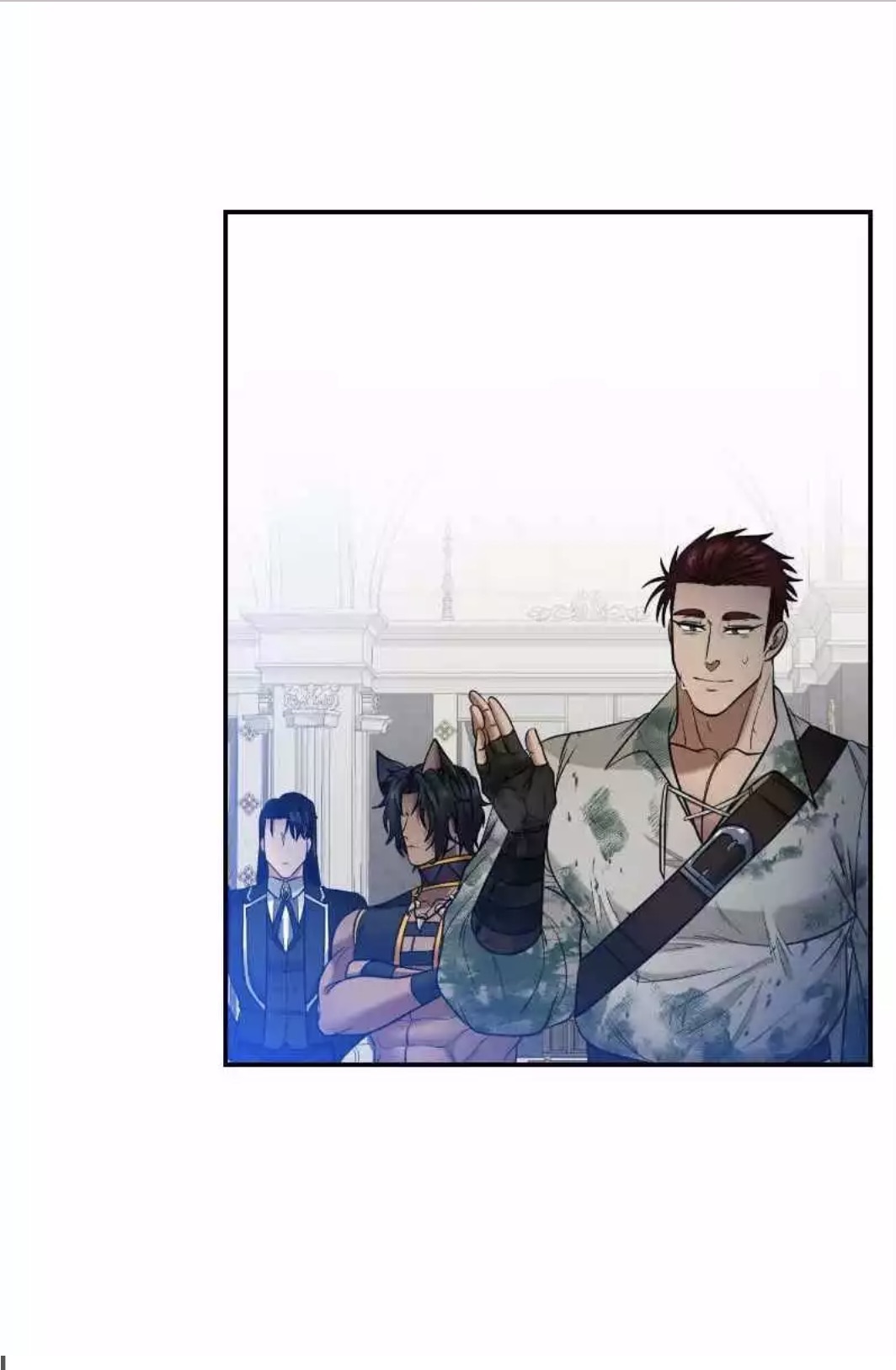 the image is a panel from a manga or manhwa depicting a group of men in a building. the main focus is on a muscular man with reddishbrown hair who stands prominently in the foreground. he appears to be in a relaxed yet assertive pose.  two other men stand behind him. one is wearing a dark suit, and the other has dark hair and is wearing more casual attire. the setting suggests a grand building or palace. the artwork style is clean, and the colors are relatively muted. the overall impression is one of a scene from a narrative, possibly fantasy or adventure, with a hint of intrigue.