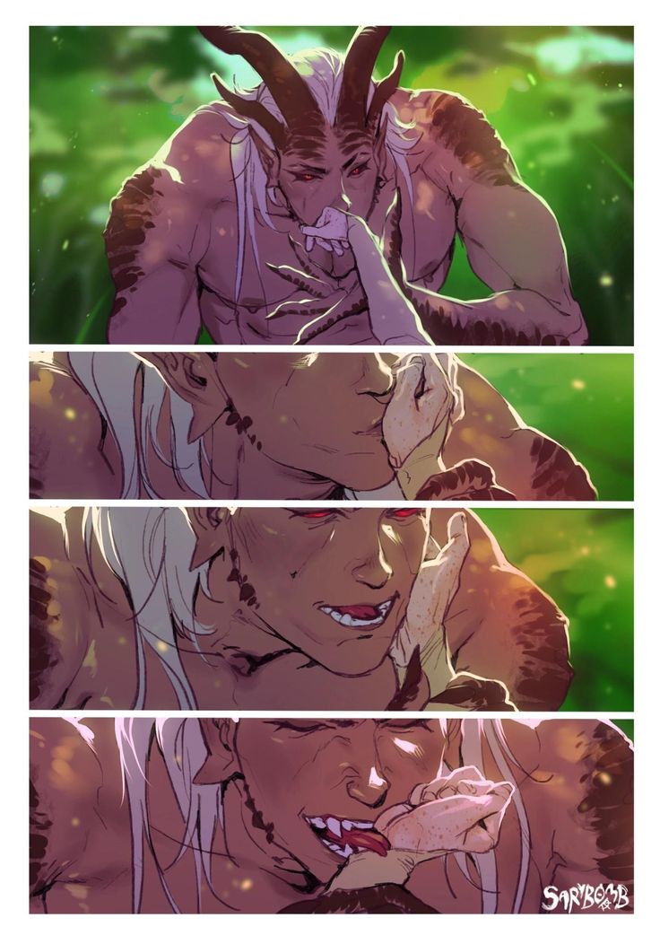 a comic with four panels depicting a tiefling from dragon age, rendered by sarybomb. the tiefling has horns and is licking someone's hand with a seductive and lustful expression.