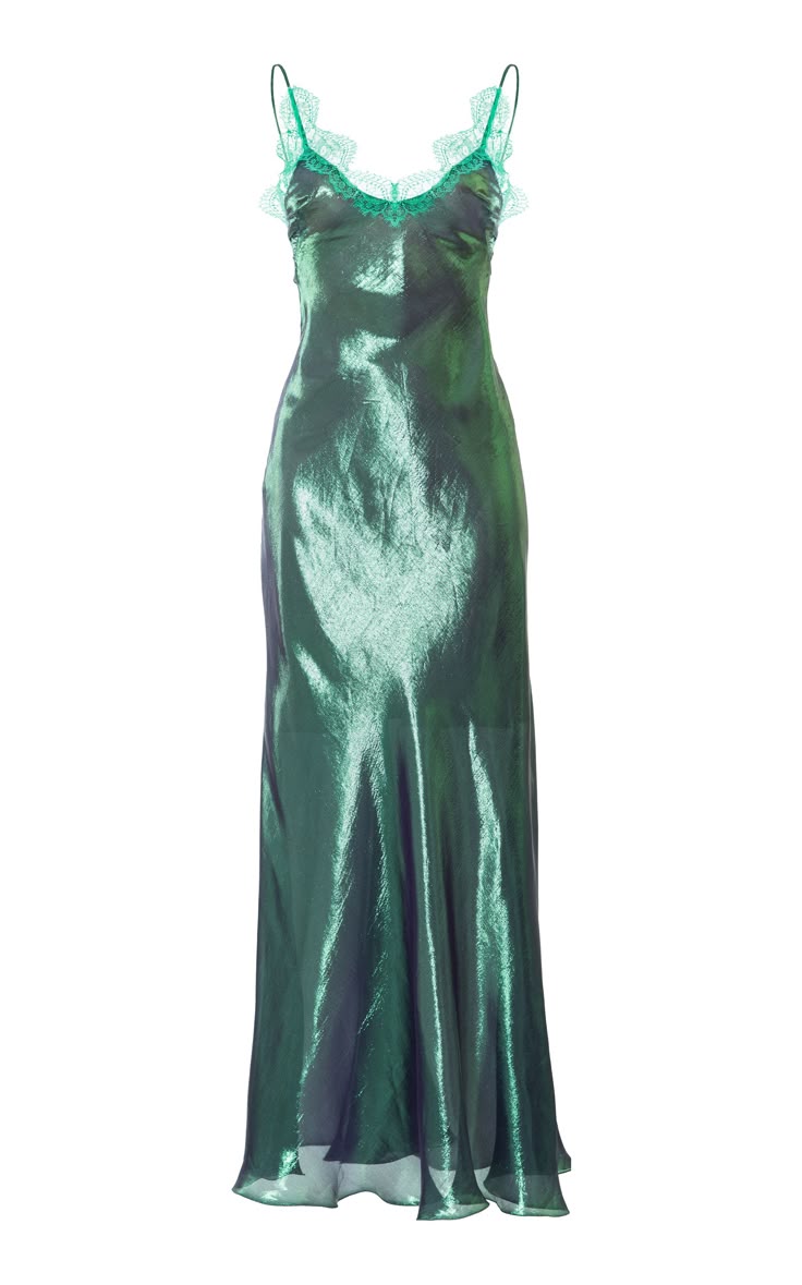 a fulllength, shimmering green dress is displayed against a white background. the dress has delicate spaghetti straps and a lace trim around the neckline. the material appears to be metallic or have a high sheen, creating a reflective quality. the dress has a simple, slip dress design.