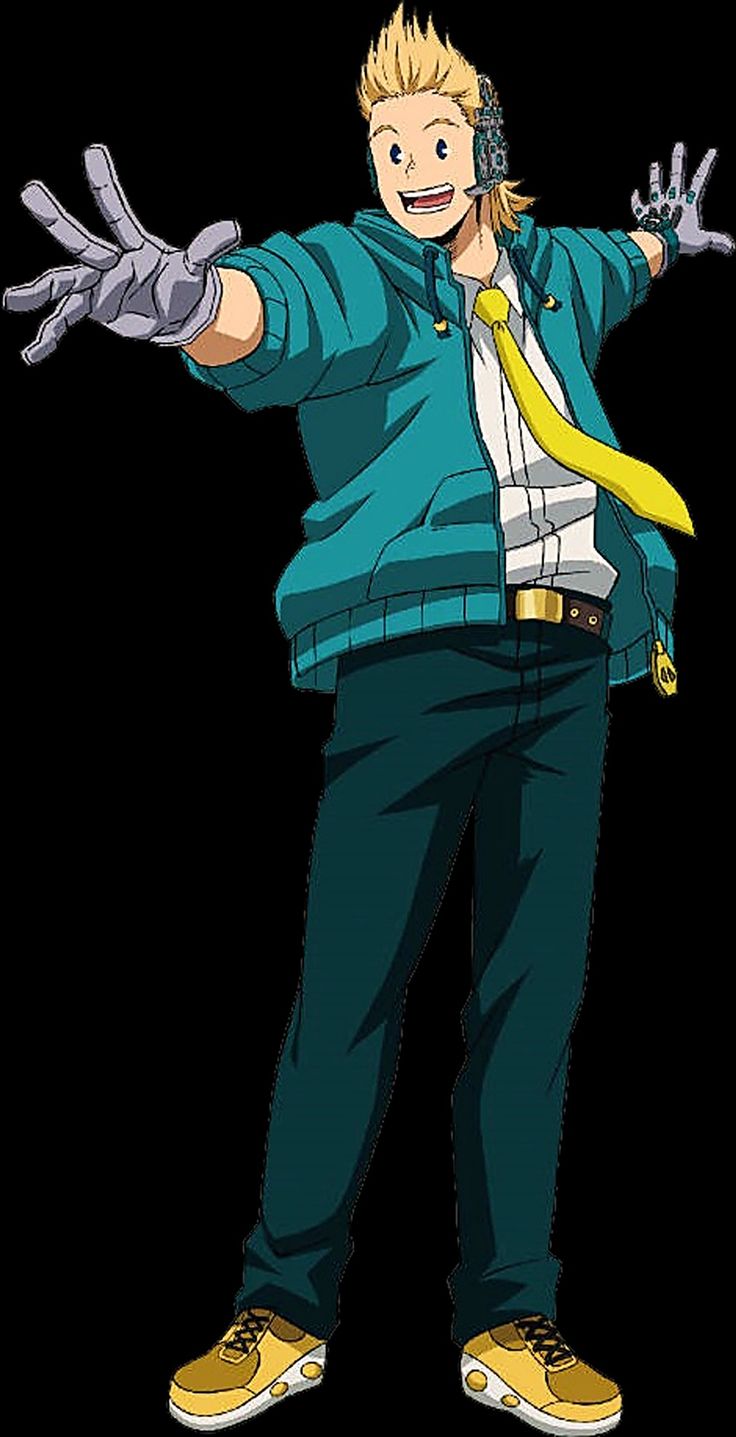 the image is a digital drawing of an anime male character. he is wearing a teal jacket with a yellow tie, black pants, and sneakers. he has blonde hair and blue eyes and is smiling. he is standing with his arms outstretched and his hands open.