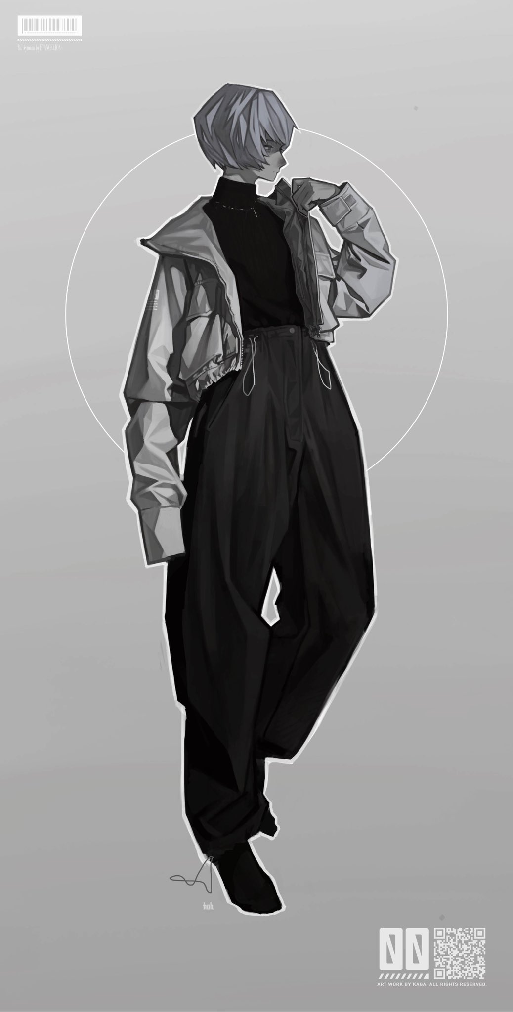 the image is a digital illustration of a stylish animestyled character. the character is depicted from the knees up, standing in a slightly posed manner. they have short, lightcolored hair and are wearing a long, oversized lightcolored jacket with a dark turtleneck and dark, loosefitting pants. the style of the illustration is monochromatic, using shades of gray to create depth and texture. the background is a simple, light gray. the overall aesthetic is both artistic and fashionable, capturing a sense of cool, modern style. there are also watermarks in the corners that suggest the artist's information or branding.