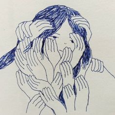 the image is a simple line drawing of a woman with long hair.  her face is partially obscured by numerous hands that are covering her eyes, mouth, and head. the hands seem to be both holding her and pulling at her, creating a sense of being overwhelmed or trapped.