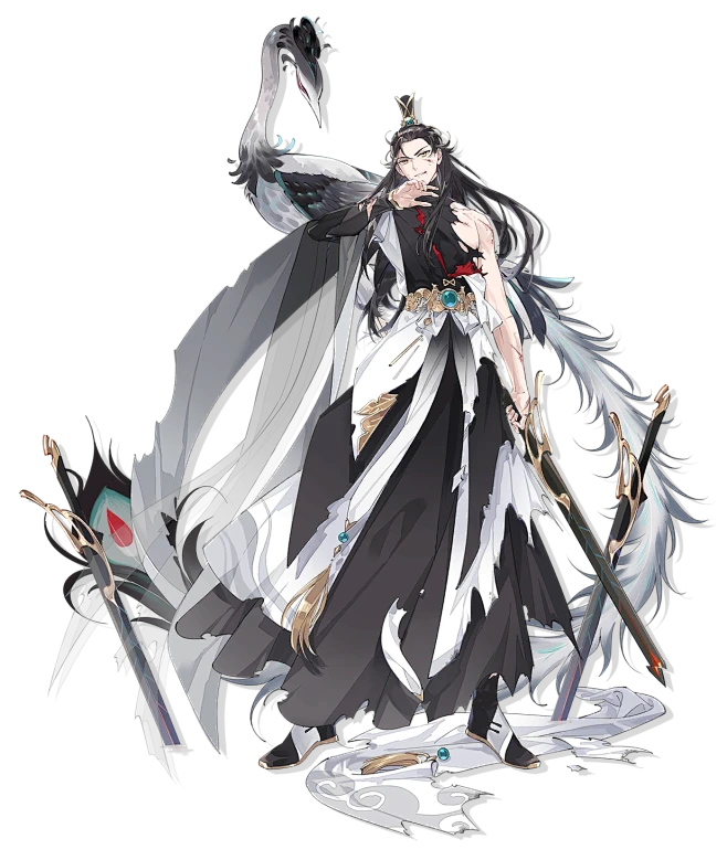 the image showcases a striking male character, likely from an anime, manga, or manhua series. he is clad in an elaborate, flowing outfit of black and white, suggesting a regal or powerful persona. the outfit is accented with gold details and a prominent blue gemstone. his long, black hair cascades around his shoulders, and his expression is intense. adding to his mystique, he is accompanied by a large, white crane and brandishes multiple ornate swords. the dramatic lighting further enhances the overall impact of the image.