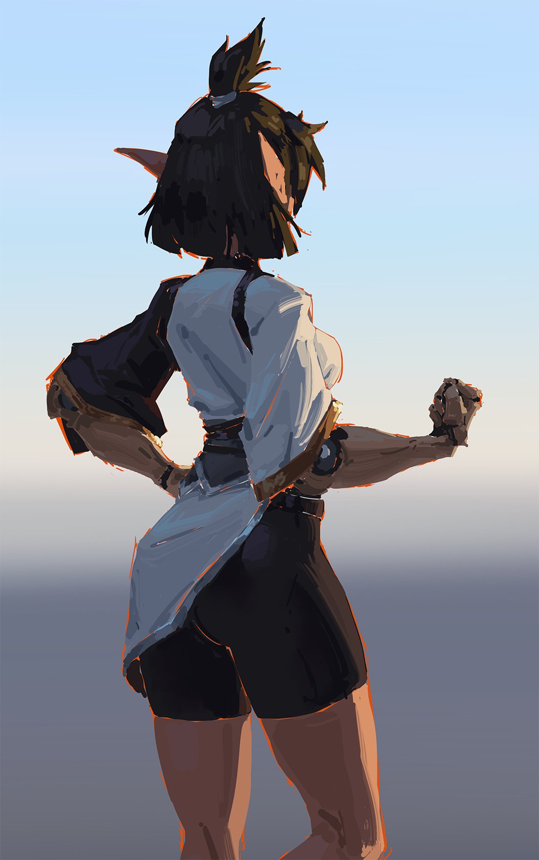 the digital painting showcases a female elf character from behind, set against a soft sunset backdrop.  her short dark hair is styled in a small topknot. she's dressed in a lightcolored tunic over dark shorts, with noticeable steampunkinspired elements on her arm. the overall style is loose and painterly, focusing on capturing the mood and character rather than precise detail. her pose suggests a moment of contemplation or rest, gazing into the distance.
