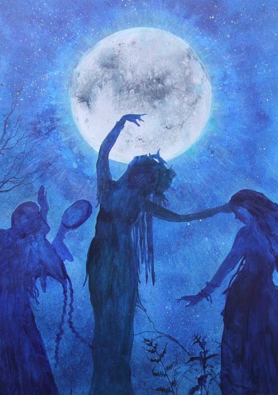 three women are depicted in silhouette under a full moon, appearing to be dancing or performing a ritual. the scene is bathed in blue hues. one woman is reaching up towards the moon, while another holds a tambourine. the setting is a dark, magical night with stars and plants at their feet. the style resembles an illustration or painting.