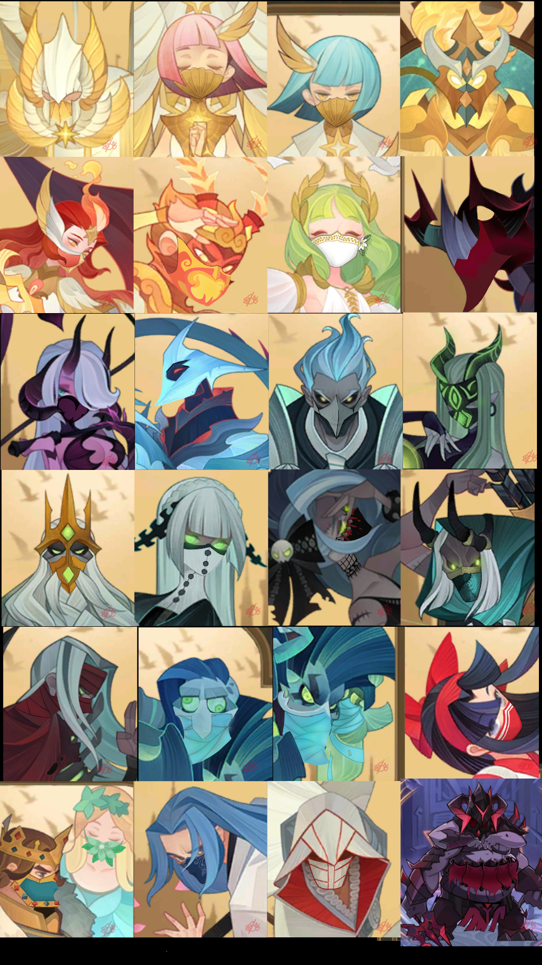 the image is a collage of 24 individual character portraits, likely from a mobile fantasy gacha game. the characters are diverse in appearance, with varying genders, outfits, and fantastical features such as horns, wings, and glowing eyes. they are all depicted against a gold background with a decorative border, and the overall lighting is bright and vibrant.