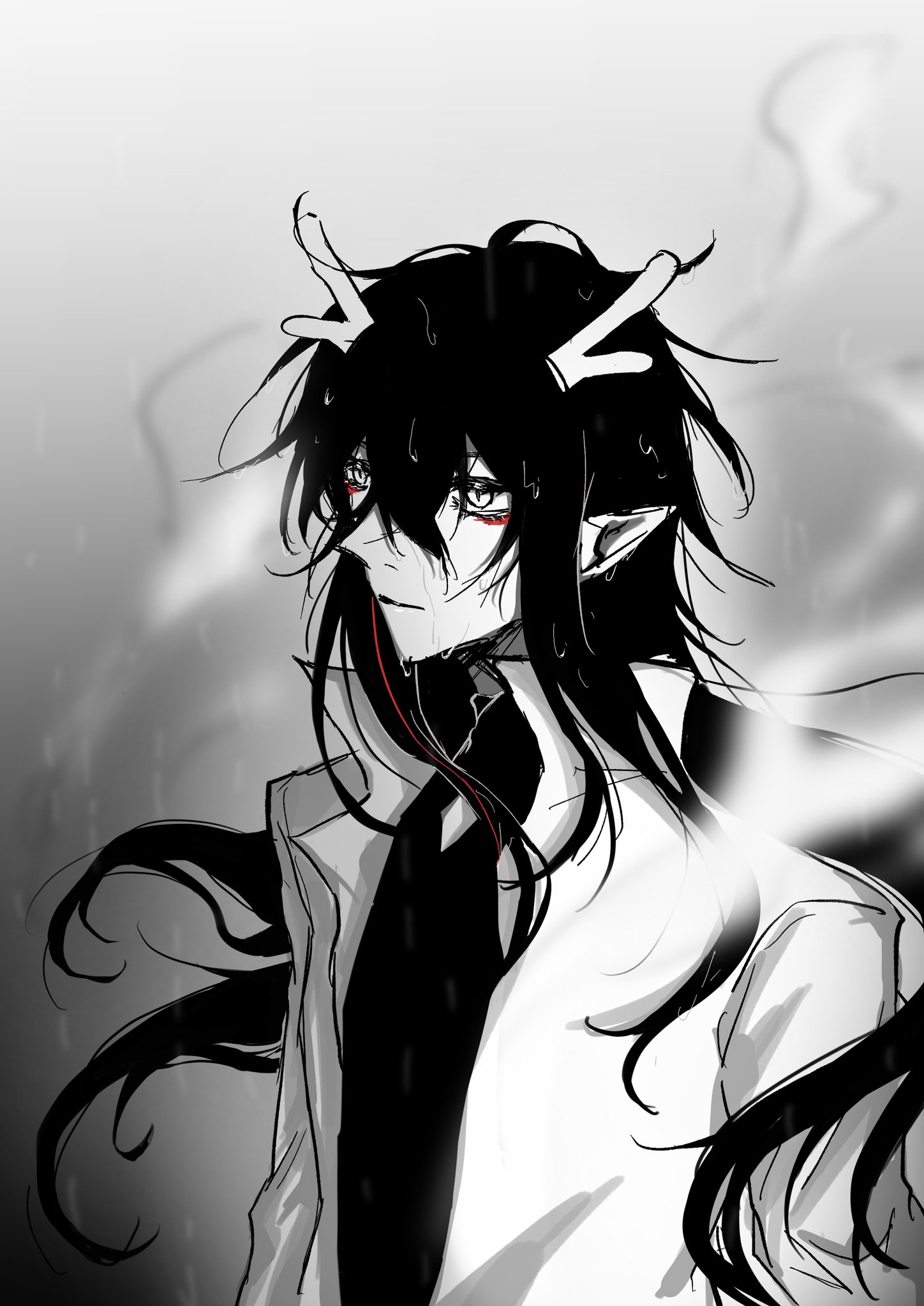 a monochrome anime style drawing of a male character with long black hair and horns. he is crying and looks very sad. he is standing in the rain with a white background.