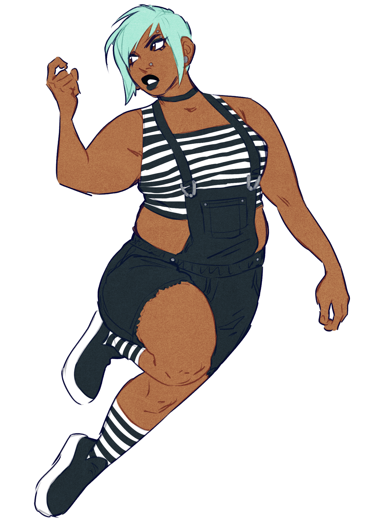 a confident plussize woman with mint green hair styled in a short, edgy cut takes center stage. she sports a black and white striped crop top paired with black denim overalls, stylishly ripped at the knees. her ensemble is completed with black platform shoes and matching striped socks. her pose suggests movement and a bold attitude. the soft lighting emphasizes her features and the overall composition exudes a sense of effortless cool.