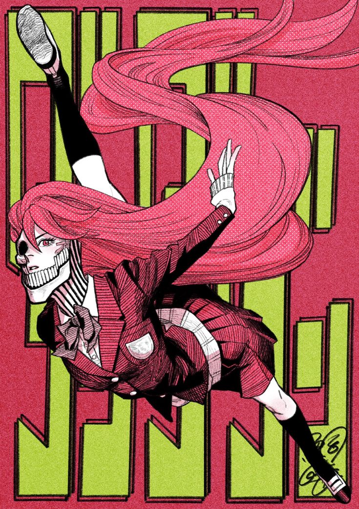the image is a stylized illustration of an anime or mangastyle female character. she has long pink hair and is wearing a red blazer and skirt, typical of a school uniform. her face is a skull, giving a gothic and slightly macabre aesthetic. the character is depicted in a dynamic pose midleap or jump, her hair flowing dramatically behind her.  the overall style is vibrant and graphic, with bold lines and contrasting colors of pink, red, and lime green, reminiscent of a comic book or graphic novel. the background features a pattern of vertical lime green bars against a red backdrop.  the image is highly stylized and expressive.