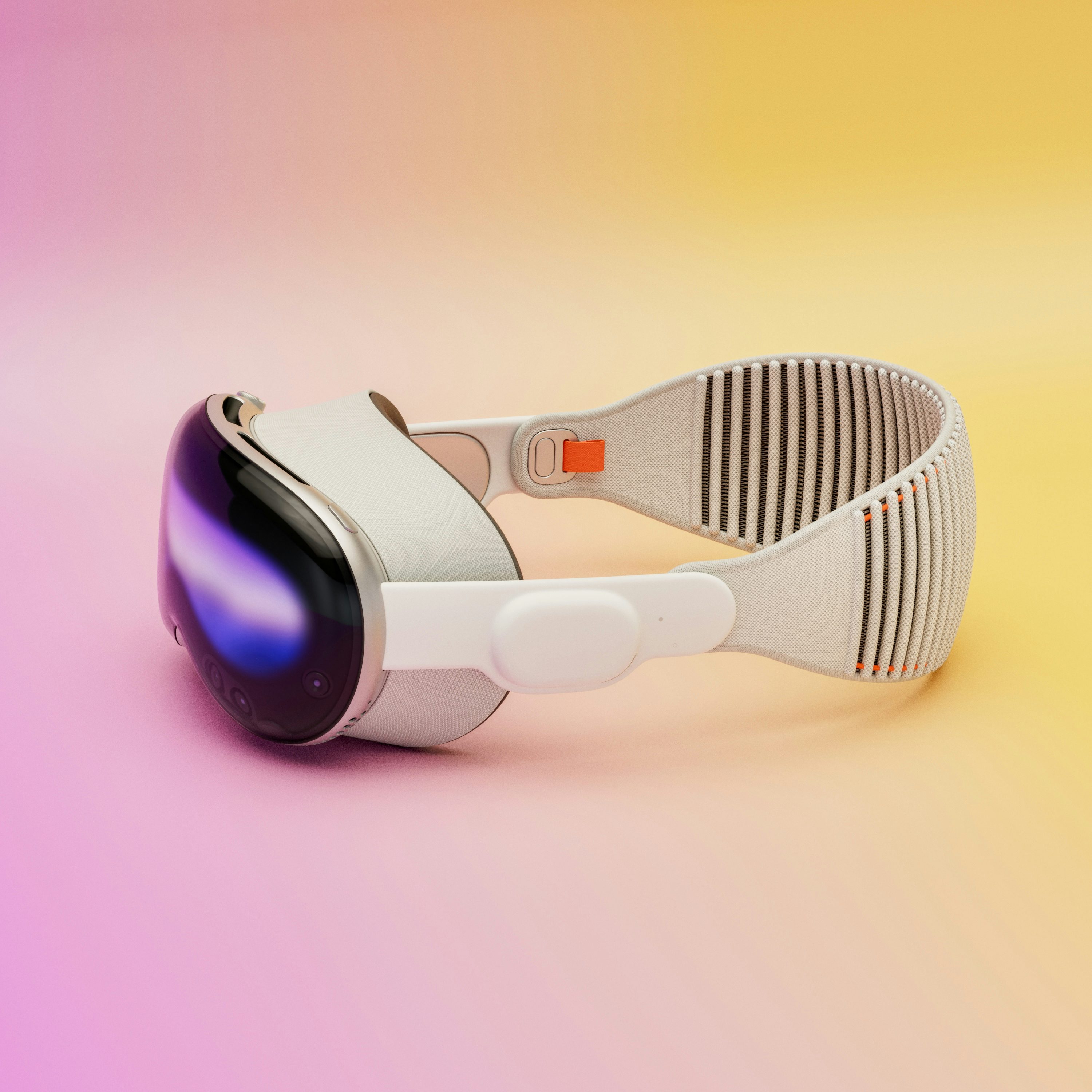a highangle shot of a sleek, white virtual reality (vr) headset on a gradient pink and yellow background. the headset features a reflective visor and a modern design.