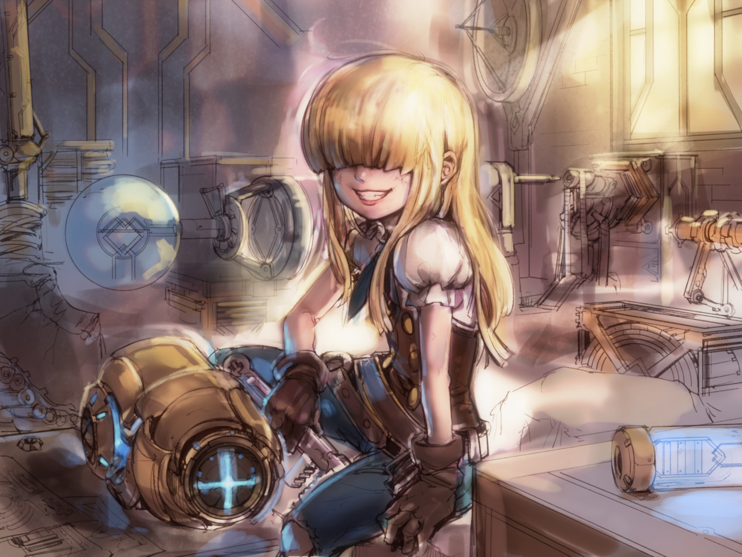 the image shows a blonde haired anime girl, dressed in steampunk inspired clothing, holding a futuristic weapon. she is wearing white shirt with a black ribbon, blue jeans, and brown gloves with steampunk goggles. the background is filled with machinery and mechanical parts, suggesting that she is in a factory or workshop. the image has a futuristic, fantasy style.