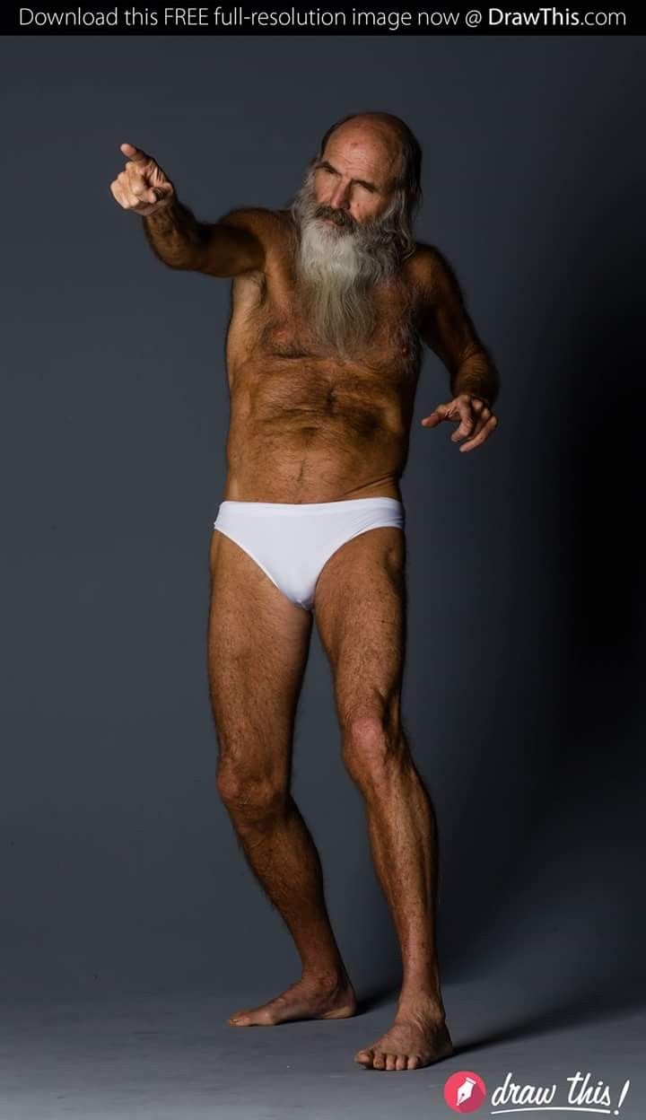 the image shows a muscular, older man with a long white beard. he is barechested and wearing white briefs. his body is tanned and shows signs of aging, like visible veins and wrinkles.  he's positioned dynamically, with one arm extended pointing, and the other slightly bent. the background is a simple, neutral grey, making the subject stand out. the image is clearly intended as a reference for artists, as indicated by the watermark "draw this!". the overall style is clean and welllit.