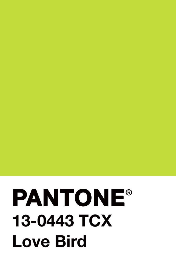 the image is a pantone color swatch. the color is a light, bright green and is labelled as "love bird", with the pantone code 130443 tcx.