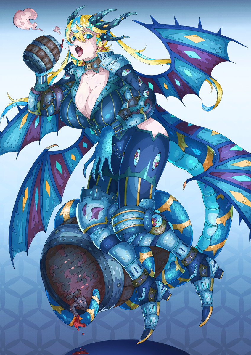 a female dragon with blue scales and wings is wearing armor and holding a large goblet filled with alcohol. her tail wraps around the goblet to help her hold it, and her other hand rests on the barrel the goblet is coming from.  she has a long blonde ponytail, and her expression is