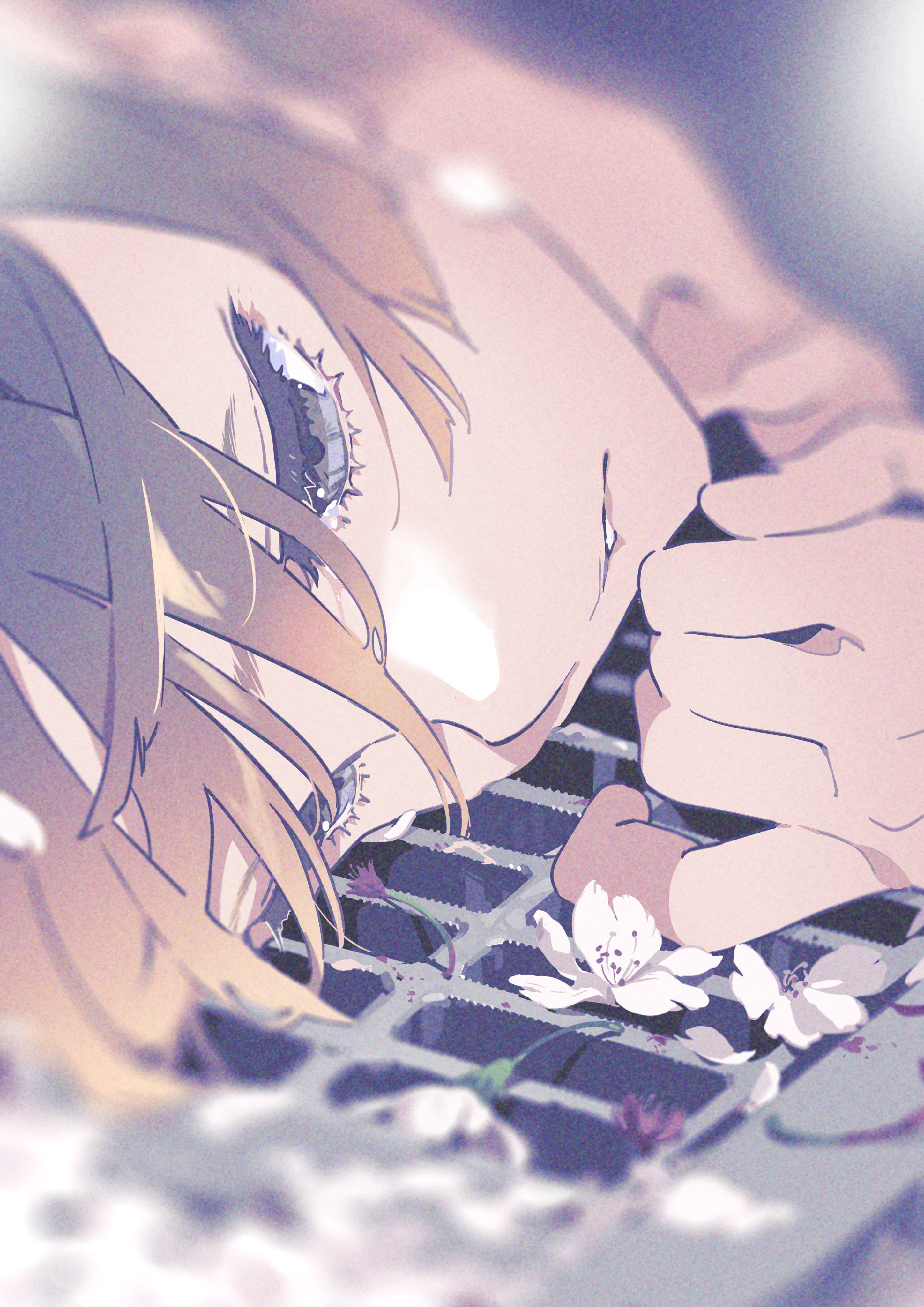 the image is a stylized illustration of a young person with blonde hair lying down with their face near a sewer grate. the person appears to be drawn in an anime style. their eyes are partially open and their expression is somber. there are delicate white flowers scattered around them, some resting on the metal grate. the overall color palette is muted and melancholic, with soft pinks, purples, and greys. the lighting is soft, creating a dreamlike and ethereal atmosphere.