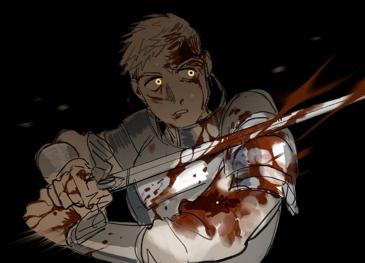the image depicts a stylized, anime or mangainspired illustration of a young, lightskinned male warrior or knight in the midst of a violent battle. he's heavily injured, covered in blood, his face showing a mixture of pain and fear. he grips a sword, which is also stained with blood, and appears to be either fighting or recently struck.  the background is dark, creating a dramatic and intense mood. the style is dynamic, emphasizing the motion and energy of the fight.  the blood splatter and the character's expression suggest a serious injury or impending death.