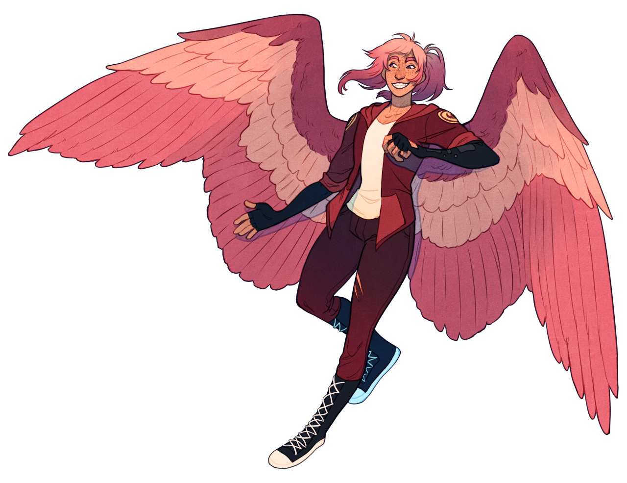 the image showcases a single character with large, feathered wings taking up a majority of the composition. they have pink hair and are grinning at the viewer, posed midflight with their arms outstretched. their design features a red and white top, dark pants, and sneakers. the background is a plain white. the overall style is cartoonlike with visible line art and soft cellshading.