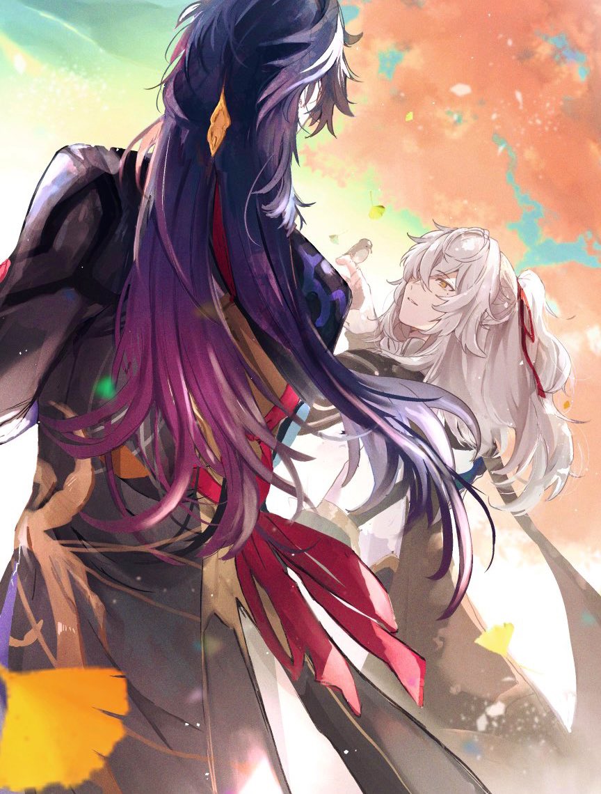 the image depicts two anime characters, a male and female, facing each other. the male character, who appears to be a warrior, is in the foreground, with his back to the viewer and a sword at his side. he is wearing a dark outfit, his hair is long and purple, and he has a red ribbon around his waist. the female character, who appears to be a mage, is in the background, with her face turned towards the viewer. she has long, white hair and is wearing a white outfit. she is holding a staff with her hands. the background is a bright, colorful scene, with a hint of pink and orange.