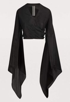 a black wrap top with long sleeves. the sleeves are very wide and flowy, adding a dramatic touch to the look. the top is fitted at the waist and has a vneckline. it's a perfect choice for a special occasion or evening out.