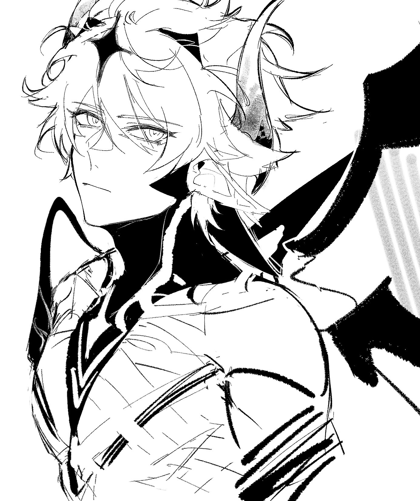 a black and white animestyle drawing of a male character with messy hair, horns, and a serious expression. the drawing is done in a sketchlike style with visible line art. the character is shown from the shoulders up, and has sharp facial features. the style gives him a demonlike or fantasy appearance, enhanced by the presence of horns.