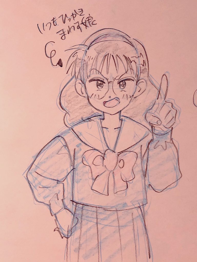 a black and white pencil sketch of a young girl, drawn in a manga or anime style, with an angry expression on her face. she is wearing a typical japanese school uniform with a sailorstyle top and pleated skirt. she has short, dark hair and round glasses. her right hand is raised in a pointing gesture, and there is a speech bubble above her head containing japanese text. the overall tone of the sketch suggests frustration or disapproval.