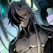 the image is a detailed digital drawing or artwork of an animestyle male character. he has long, gray and black hair that partially obscures one eye. he appears to be wearing a futuristic, cybernetically enhanced suit or armor, with metallic components visible. the character's expression is serious, almost sad or pensive. the background is blurred but suggests a technological or mechanical setting. the overall style is dark and dramatic, fitting for science fiction or fantasy genres. the art style is highly detailed, with careful shading and rendering of both the character and the background. the image suggests it could be a character from a video game or graphic novel.