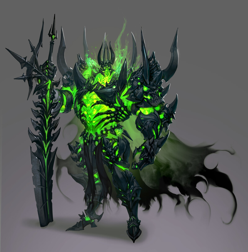 a powerful and menacing demon knight, clad in black armor with glowing green energy. he is holding a massive sword and is surrounded by flames. he is a fierce warrior and a formidable opponent.