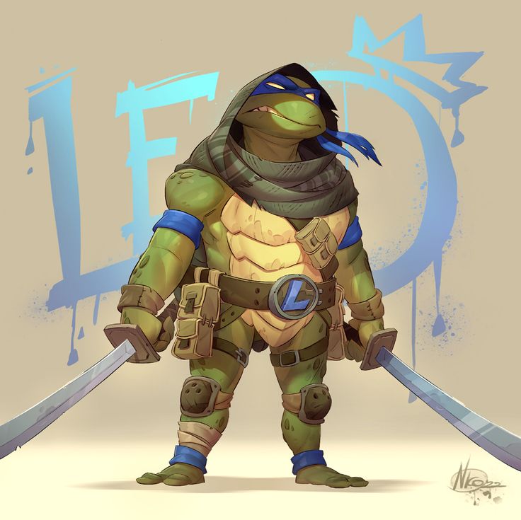 a digital illustration of leonardo, one of the teenage mutant ninja turtles, in a dark blue hooded cloak, holding two katana swords. he is standing against a graffiti background with blue and white spray paint. his outfit includes  brown leather, a brown belt with a blue "l" insignia and  blue bands around his wrists and legs.