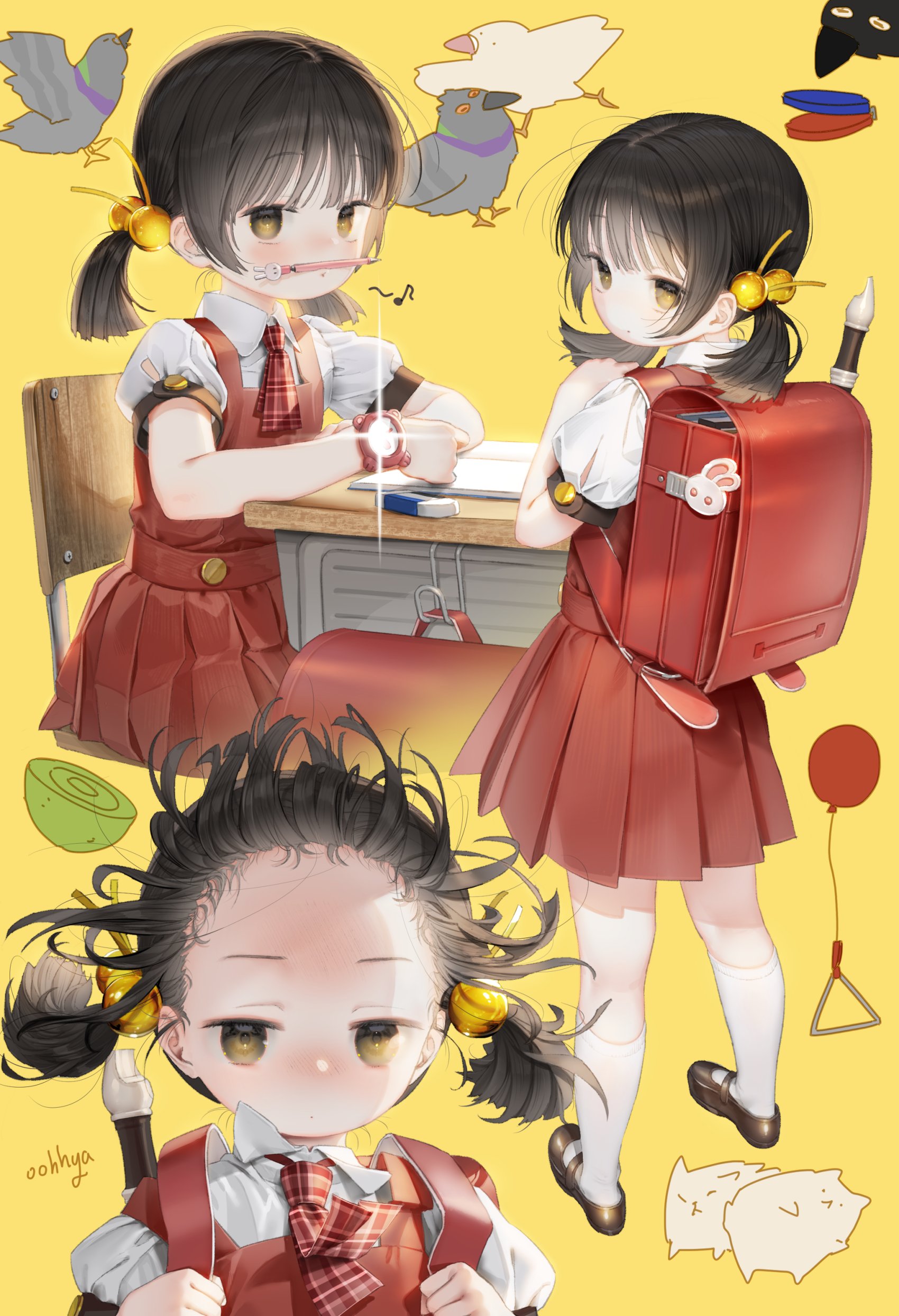 the image is a digital illustration featuring three animestyle schoolgirls.  two are seated at a desk, one appearing to be drawing or writing. they are wearing similar red and white school uniforms with pigtails and are adorned with small, golden hair accessories. one carries a large, red backpack. the third girl is shown with messy hair, lying down, holding a paintbrush, and seemingly about to participate in the activity.  the background features various elements such as birds, a balloon, and small drawings of cats. the overall style is cute and whimsical. the colors are bright and cheerful, dominated by yellows, reds, and whites.
