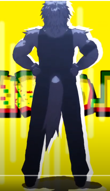 a silhouetted male character with wolflike features stands with his hands on his hips against a vibrant yellow background. the silhouette is rendered in shades of gray, conveying a sense of mystery and power. the character's pose suggests confidence and readiness for action. the background features vertical streaks of yellow, further emphasizing the dynamic and energetic nature of the scene. the overall aesthetic suggests a connection to video games, possibly a fighting game, with its stylized presentation and focus on the character's imposing presence.