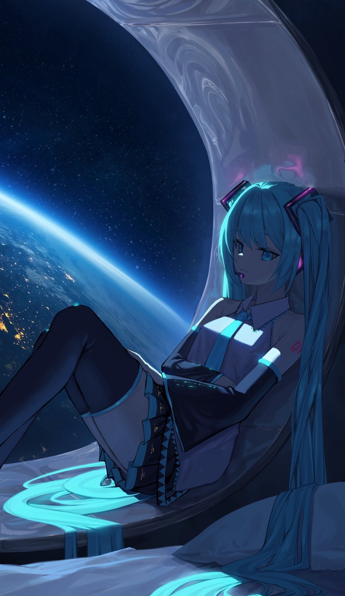 the image is a digital artwork depicting hatsune miku, a popular vocaloid character, in a futuristic setting. she is sitting in what appears to be a spaceship or observation pod, gazing out at the earth below. her long, turquoise twintails trail behind her, and she is dressed in a dark, stylized outfit reminiscent of an astronaut's suit. the background is a deep space scene with a visible earth, stars, and a dark, possibly curved, interior space. the overall atmosphere is serene and slightly melancholic. the artwork is highly detailed, with a focus on light and shadow to create depth and mood.