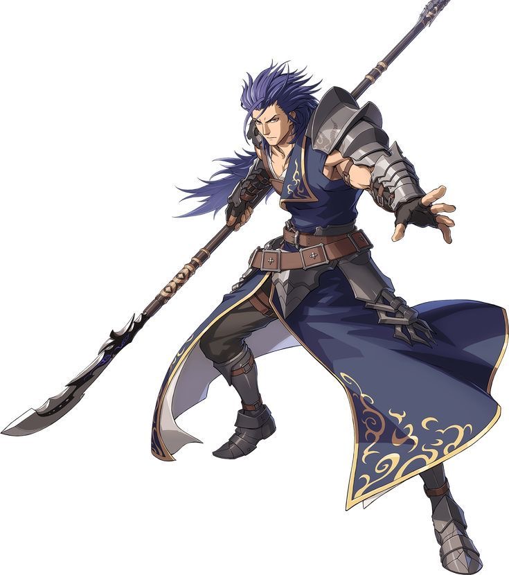 a male anime character with long blue hair is dressed in armor, wielding a spear and striking a pose. he's dressed in blue with gold accents and looks determined.