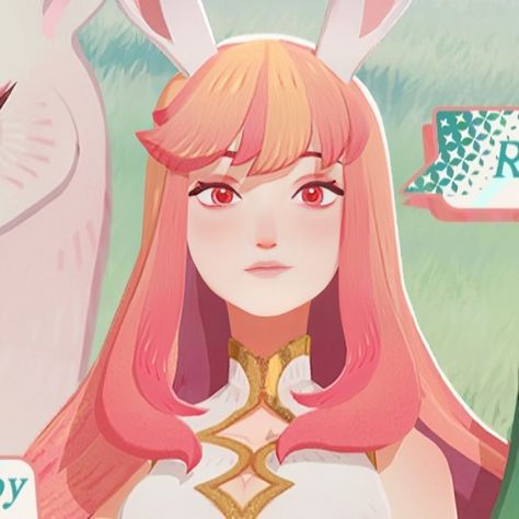 the image shows a closeup of a female character with pink hair and bunny ears, a common trope in fantasy and anime. she wears a white and gold outfit with a plunging neckline. the art style is smooth and features soft lighting, suggesting it could be from a video game. the background is out of focus but indicates a green, natural setting.