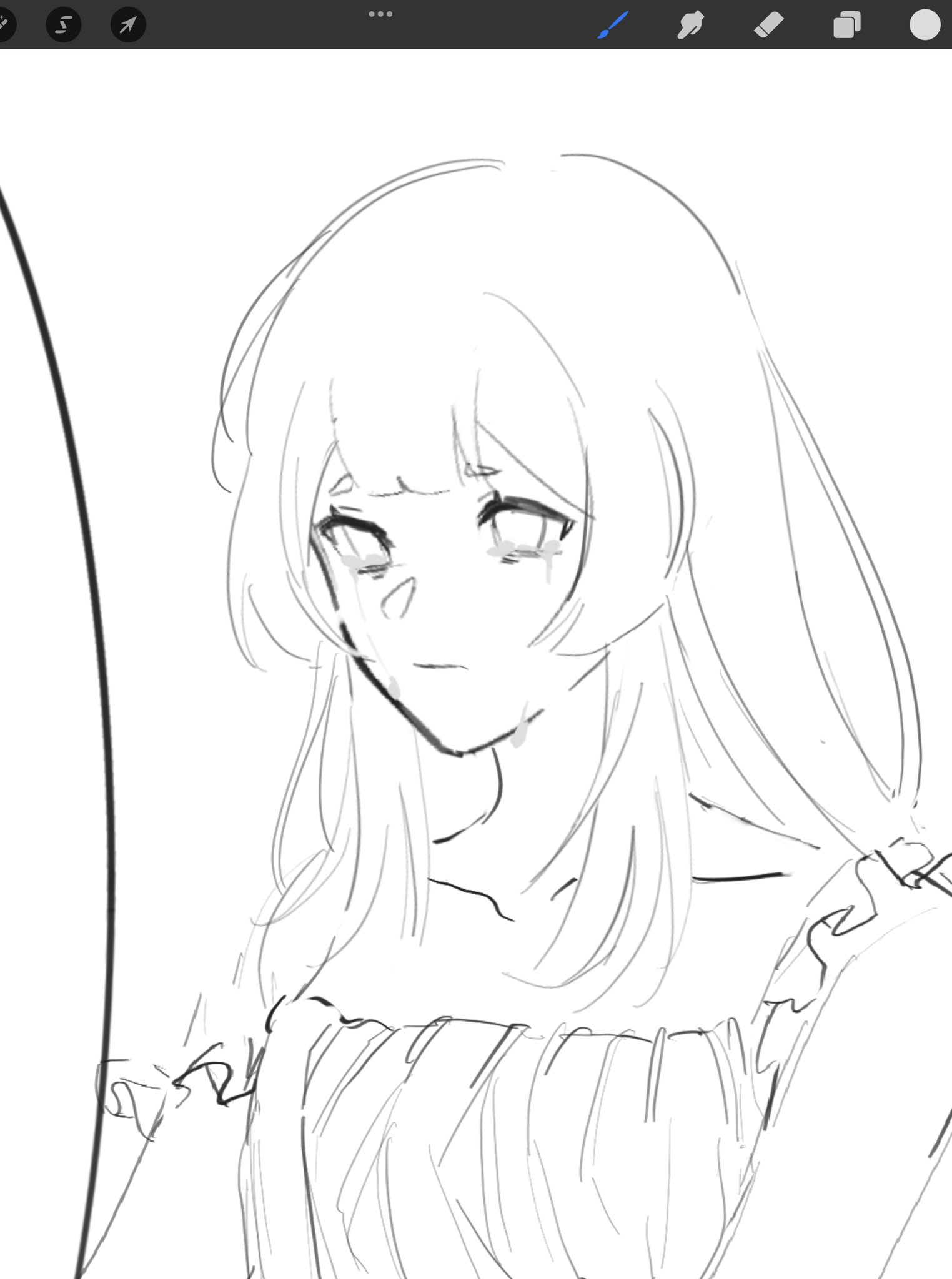 a black and white digital sketch of an anime girl with long hair crying in a dress. her eyes are closed and there are tears running down her face. the sketch is done in a simple style and the girl is looking sad. the background is blank.