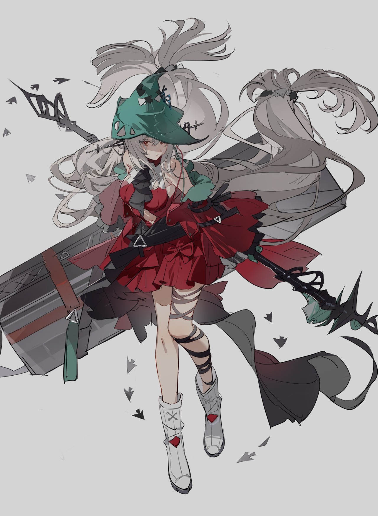 illustration of a fantasy anime girl dressed as a witch. she has long grey hair, wears a green witch hat and a red dress. she holds a staff and carries a large weapon on her back. she wears white boots with red heart details. there are small black birdlike shapes scattered around her.