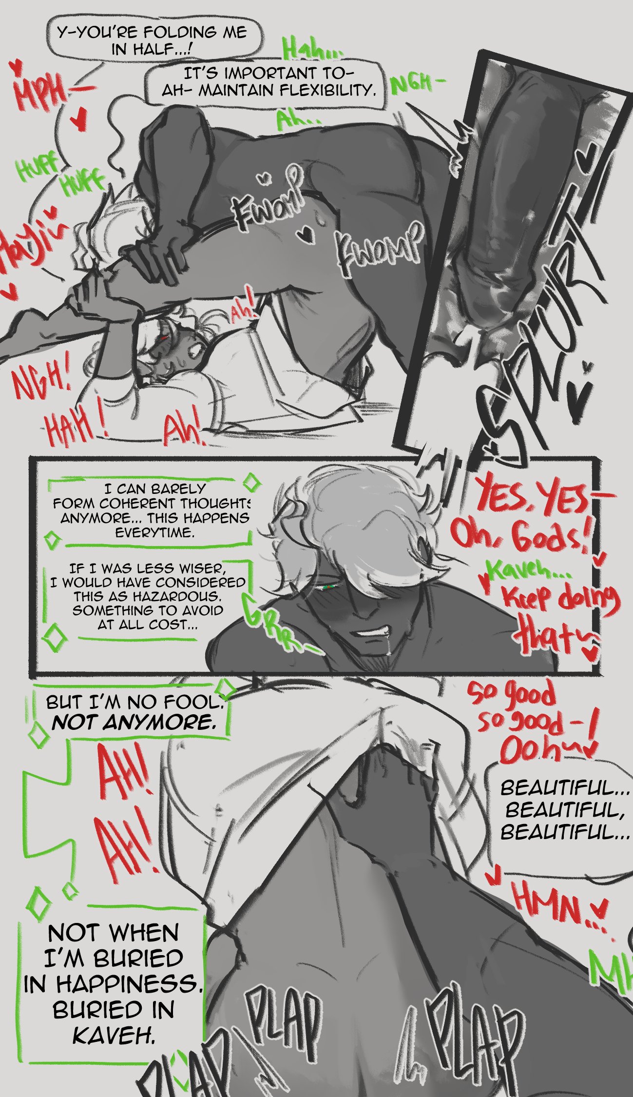 the image is a comic panel with a boy on top of another boy, both with blushed cheeks. the top boy is gently caressing the other boy's face, while the bottom boy is looking up at the top boy with adoration. the text in the comic bubbles reads, "