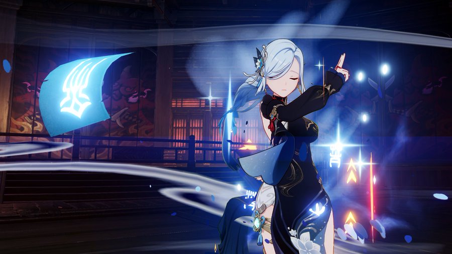 the image is a dynamic screenshot from the video game genshin impact, showcasing the character ganyu in action.  she's depicted midattack, her body slightly posed, with glowing blue and white magical energy effects swirling around her. ganyu is wearing her signature outfit, a beautiful darkcolored dress with white details, consistent with traditional chinese clothing. the background suggests a nighttime setting in a traditionalstyle building, dimly lit with warmtoned lighting creating contrast with the cool tones of ganyu's abilities. the overall aesthetic is animeinspired, with smooth lines, vibrant colors, and detailed character design. a translucent blue banner with symbols is partially visible, possibly related to her abilities. the image captures the action and the artistic style of genshin impact effectively.