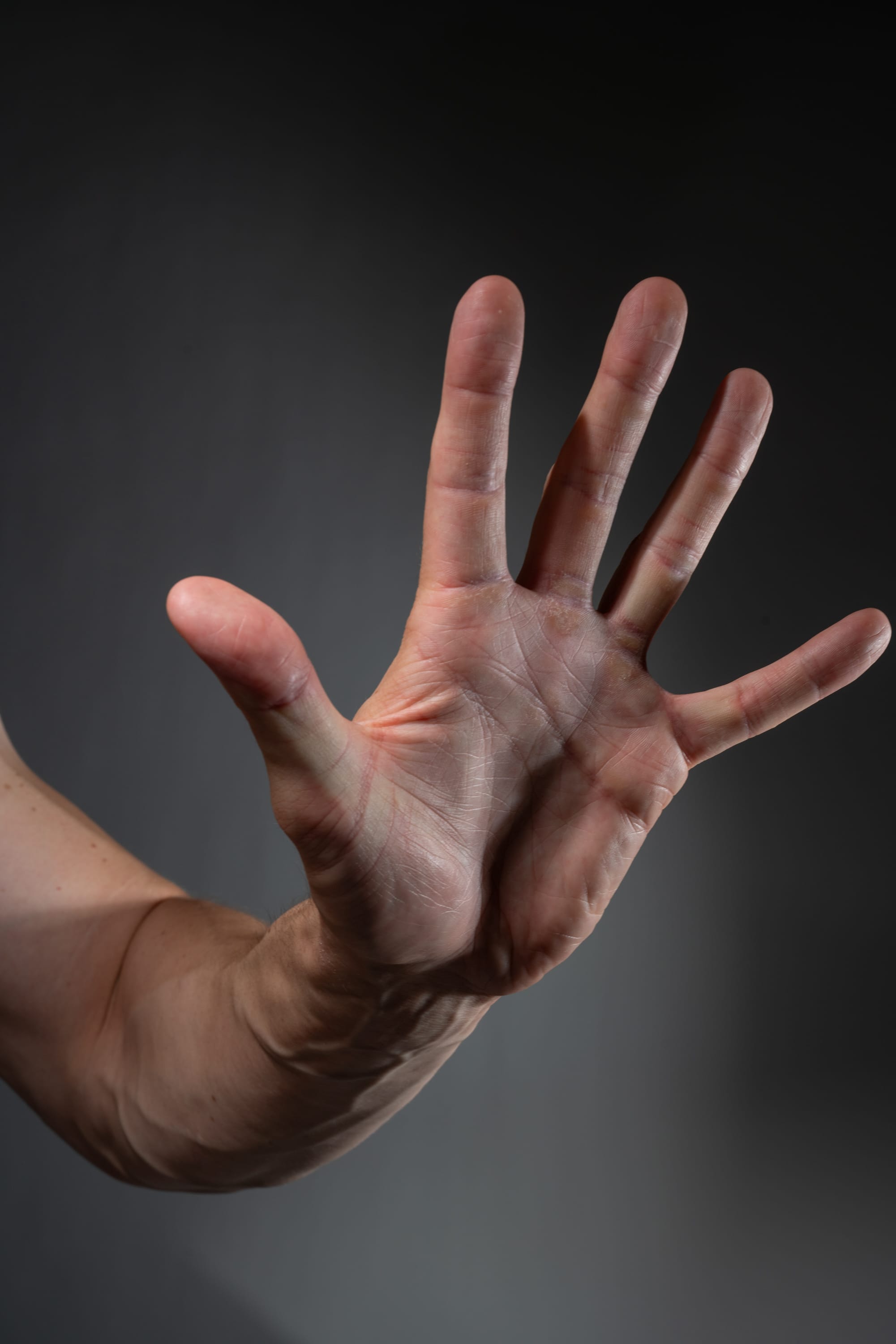 a closeup of a man's hand and arm extended against a gray background. the hand is open with all five fingers extended, as if making a gesture. the studio lighting illuminates the hand and highlights the details of the skin and veins.