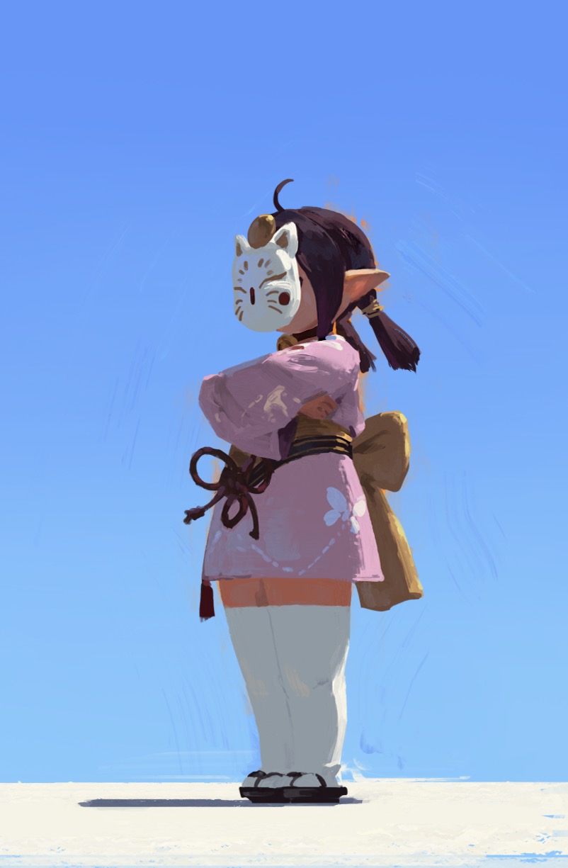 he image shows a stylized digital painting of an animestyle girl. she's wearing a pink kimonolike dress, white socks and sandals, and a white cat or fox mask. her arms are crossed, and she appears to be standing in a serene, desolate setting under a clear blue sky. the art style is painterly and slightly impressionistic, with visible brushstrokes. the overall mood is peaceful but also slightly melancholic.