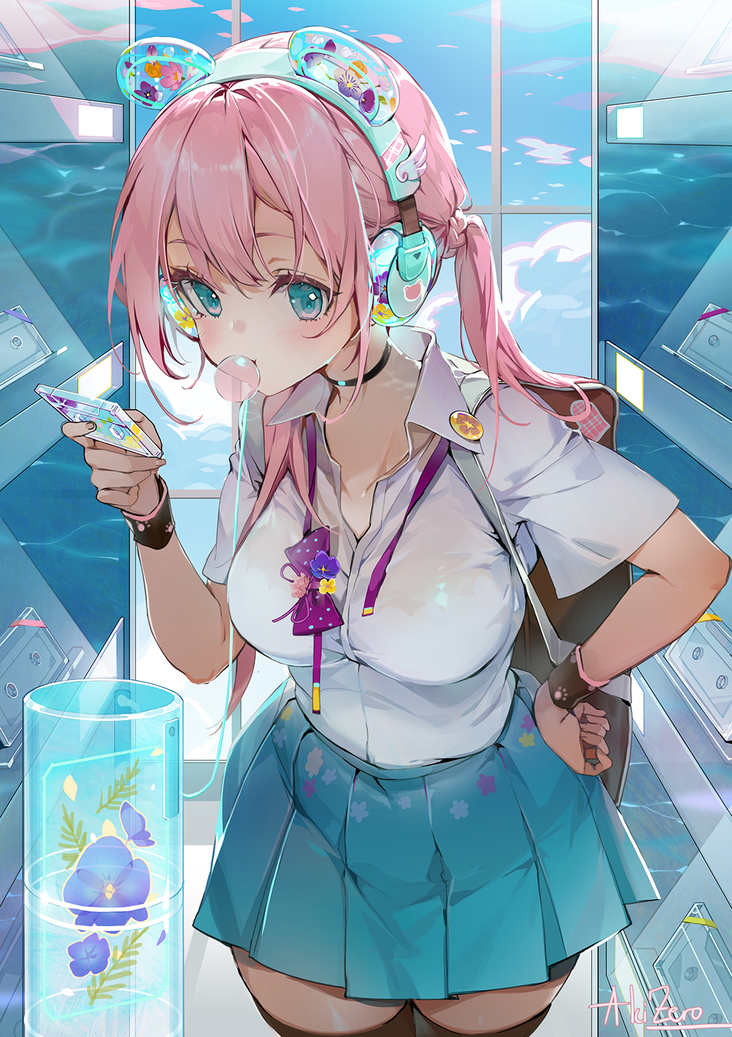 he image is a digital illustration of a cute anime girl with long pink hair wearing headphones and a school uniform. she's standing in front of a vending machine, blowing a bubble of gum, and appears to be looking at something in her hand. the overall style is pastel and bright, with a summery feel. the background features an ocean view through a window. the girl has accessories on her headphones and her uniform is decorated with small flowers. she's carrying a bag over her shoulder. the style of the art leans towards a manga or anime aesthetic.