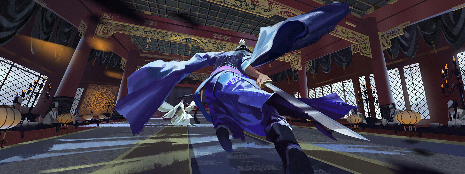 a warrior in a blue and purple robe with a sword drawn is moving through a palace hall toward a woman in white. there is a large table with lanterns at the back of the hall. the scene has a very dramatic feel. the composition creates a sense of movement and energy. the warrior's pose is dynamic and powerful, while the woman in white seems to be frozen in time.  the lighting is dramatic, creating a sense of depth and mystery. the colors are rich and saturated, adding to the visual impact of the image.