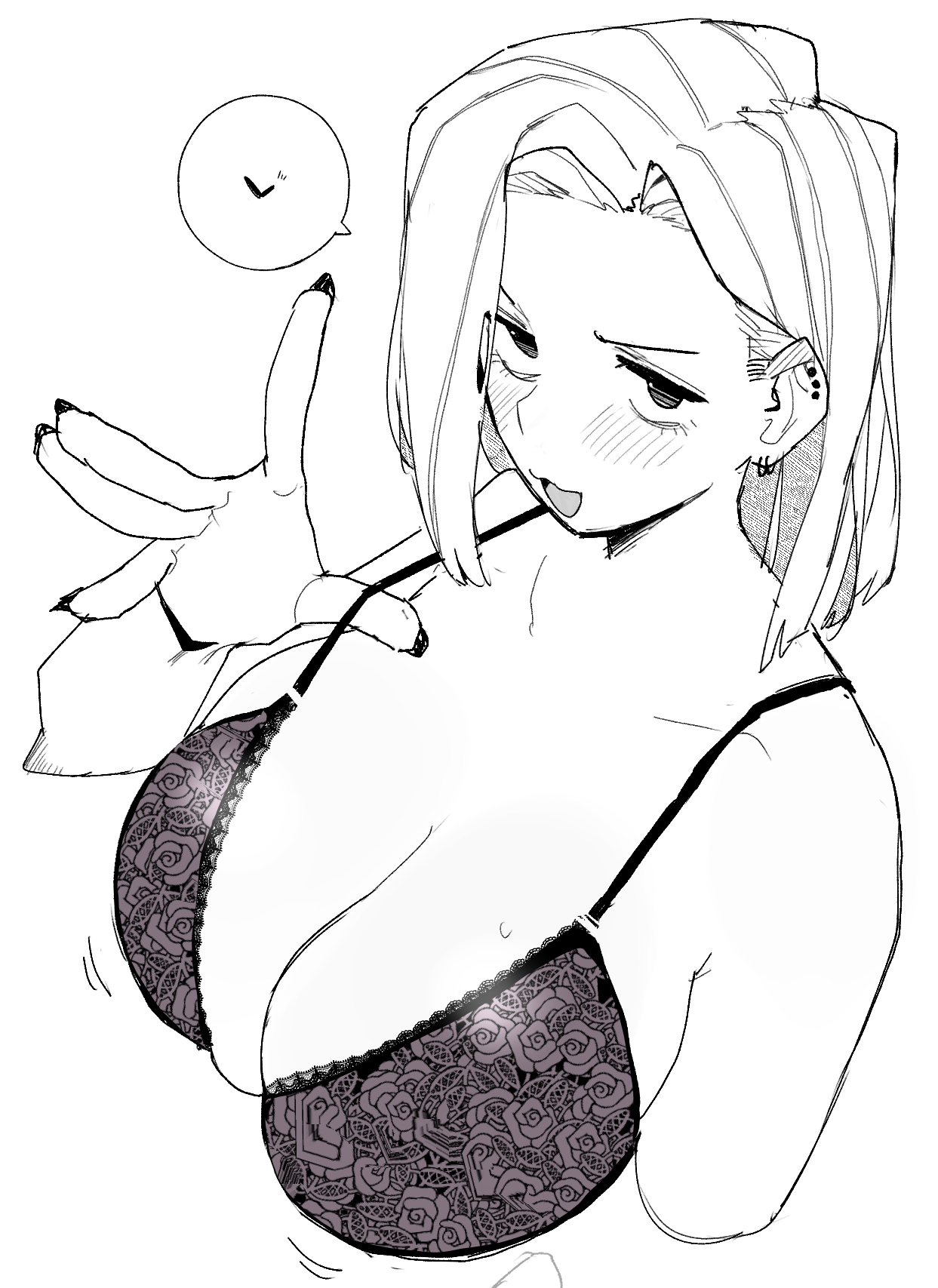 an animestyle woman with blonde hair is shown from the chest up. she is wearing a black bra with a floral pattern and her face is slightly flushed. she has multiple piercings in her left ear and is holding her left hand up with her fingers splayed. a speech bubble is next to her hand.