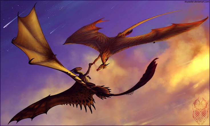 an image of two dragons flying in a vibrant sky. one dragon has goldenbrown wings, while the other has orange and red wings. they appear to be reaching out to each other. the background features a blend of sunset colors and clouds.