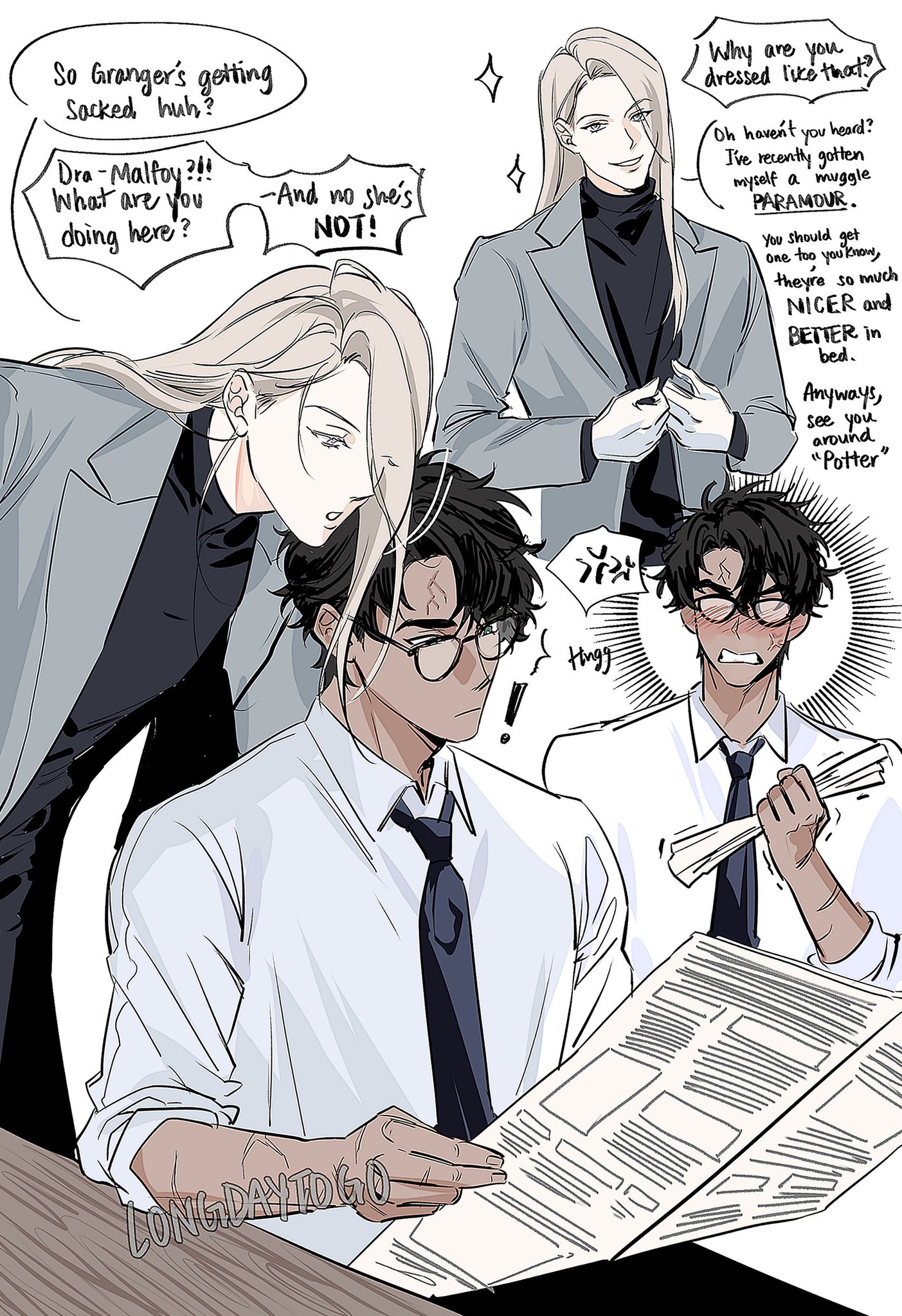 he image is a digital drawing or fanart in the style of manga or anime, depicting characters from the harry potter universe, specifically draco malfoy and other characters. it features multiple panels with dialogue and expressions, suggesting a humorous and romantic story.  the art style is clean and expressive, with a focus on character design and interactions.  the characters are dressed in modern business attire, juxtaposed with the fantasy setting implied by the dialogue.  the overall tone is lighthearted and playful.