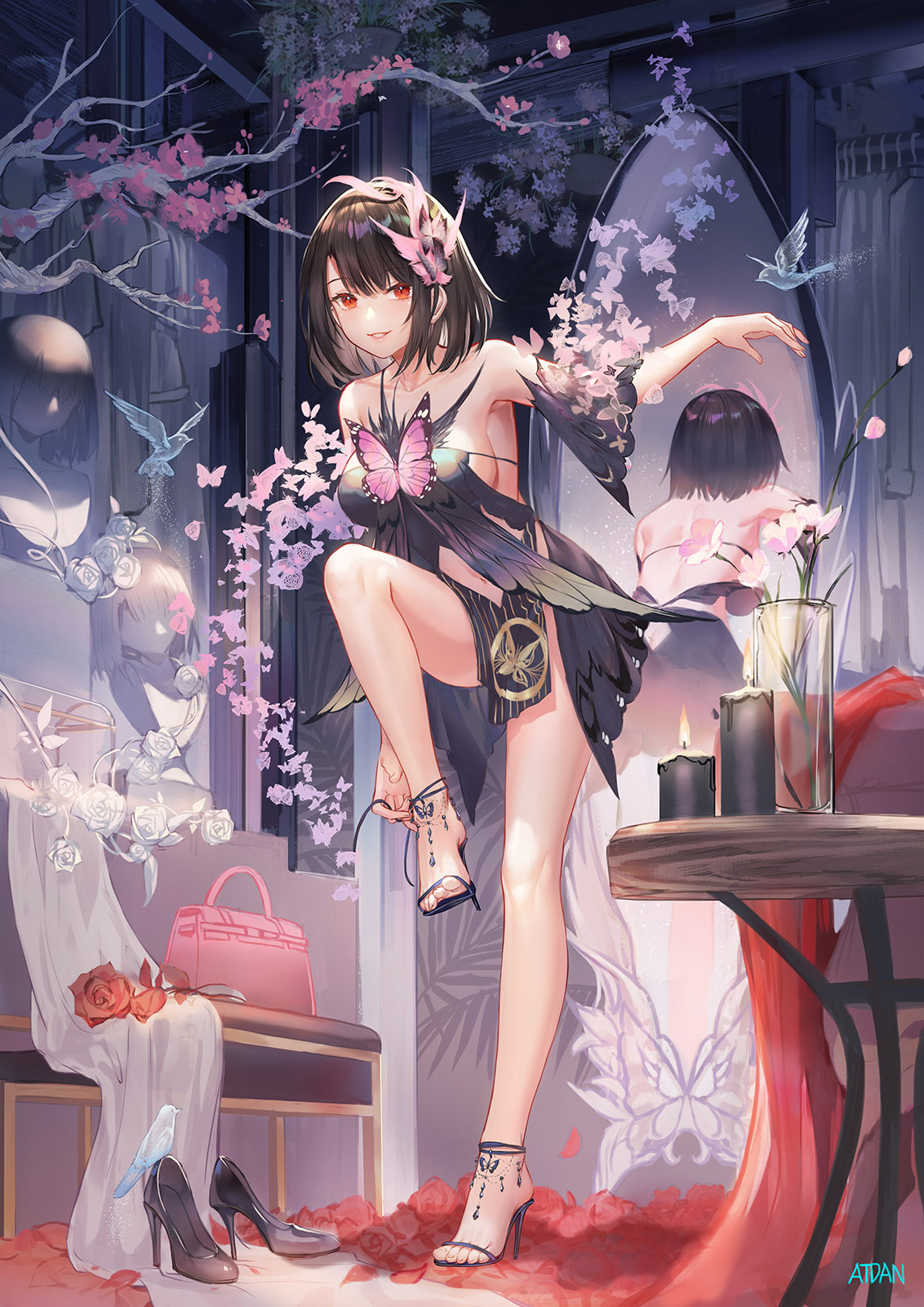 the illustration shows an animestyle woman with long brown hair and red eyes, wearing a dark dress adorned with a butterfly motif. she is in a room with a mirror, putting on high heels. the room is decorated with flowers, including roses and cherry blossoms.  birds are also present in the scene. the overall style is elegant and fashionable, with a focus on detail in the clothing and the setting. the artist's signature, atdan, is visible in the bottom right corner.