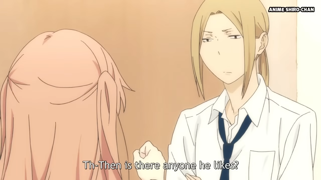 there are two people, a man and a woman, who appear to be characters from an anime or manga. the man has short blonde hair and is wearing a white shirt with a blue tie, while the woman has pink hair and is facing away from the viewer.  the setting appears to be indoors, with neutraltoned walls and a soft, diffused lighting that suggests daytime. the perspective of the image focuses on the characters' profiles, emphasizing their expressions and creating a sense of intimacy in their conversation.