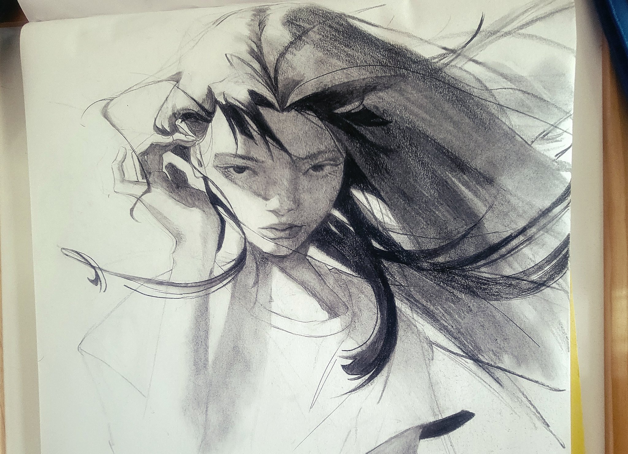 this is a charcoal drawing of a woman's portrait. her hair is blowing in the wind, and she is looking off to the side with a slightly sad expression. the drawing is done in a realistic style, with fine details and shading that create a sense of depth and texture. the artist has captured the woman's emotion in a way that is both powerful and subtle. the drawing is done on a piece of paper that is visible around the edges. the drawing is framed by a wooden frame.