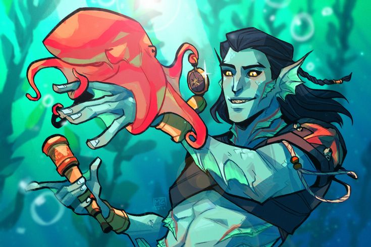 the image is a vibrant digital painting or illustration depicting a merman character in an underwater setting. he has tealblue skin, long dark hair styled in a braid, and fishlike fins on his ears. he's holding a bright red octopus and a spyglass, and a compass is attached to the octopus's arm.  he appears to be a pirate or adventurer of some kind, based on his attire and the tools he carries. the background is filled with stylized underwater plants and bubbles, creating a lively and whimsical atmosphere. the overall style is bold and expressive, with strong color contrasts and a dynamic composition.